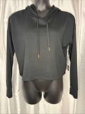 Zobha Hoodie Black Boxy Cropped Women’s Large Stretch Athleisure Drop Shoulder